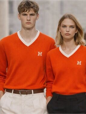 Hermes Orange V-Neck Sweater with White Trim ( Unisex)